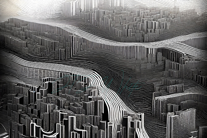 artwork of a dreamlike brutalist city skyline in the Brutalist Dream Collection of the City Series by JTJ White
